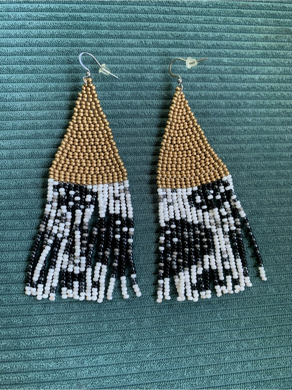 Beaded Fringe Drop Earrings in Gold, Black & White - Women Jewelry